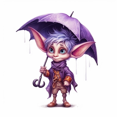 Cute Adorable magical little Elf with big pointed ears holds a umbrella in his hand wears a raincape and stand in the rain on a country road, clipart, photorealistic illustration, watercolor, high detail, 8k polished, 8k, vibrant colors, sticker, majestic, die cut, black and purple color, white background