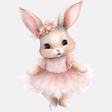 watercolour cute animated whimsical baby rabbit wearing cute pastel pink ballet dress and ballet shoes cute beautiful facial features ultra detailed ultra photo real intricate detailed png image ,high definition,300dpi,graphic clipart,computer graphics
