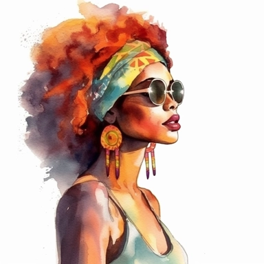 watercolor, hippie black woman, clipart, side angle