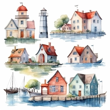 watercolor harbor village, illustrations clipart set, simple, , cartoon elements ,different variants , separate elements with a margin