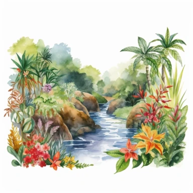 Design a watercolor jungle river clipart scene, with a winding river flowing through a lush tropical landscape filled with vibrant flowers and foliage on a white background. This adventurous design can be used to enhance various clipart elements or as a standalone decoration for exploration or nature-themed projects.
