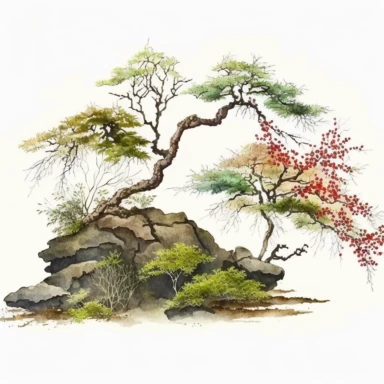 Watercolor, Japanese Maple Trees, old, long branches, Clipart, springtime japanese trees, forest, grass, rocks, white background