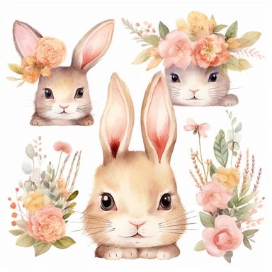 A captivating and sweet set of watercolor bunny holding flowers clipart, consisting of an assortment of hand-painted bunnies tenderly embracing bunches of colorful flowers. The artist demonstrates their mastery of the watercolor medium by depicting the bunnies' cute features, soft fur, and expressive eyes with intricate detail and fluidity. The clipart collection features an array of stunning blooms, including roses, sunflowers, and wildflowers, that evoke a sense of serenity and natural beauty.