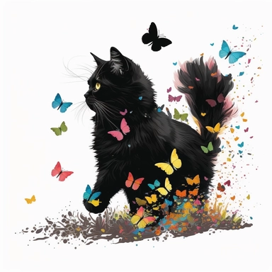 A cute fluffy black cat chasing colorful butterflies, clipart, white background, in the style of claude monet