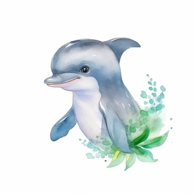 a cute baby dolphin with kind eyes clipart with watercolor illustration,full body shot,8k,etsy style, white background