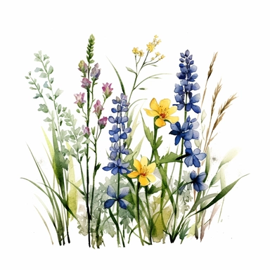 clean minimalistic wildflowers watercolor flower painting, in the style of watercolor landscapes, romantic and nostalgic themes, highly detailed and defined brush strokes of each stalk and grass and buds skillful clipart clean white background high contrast 16k resolution