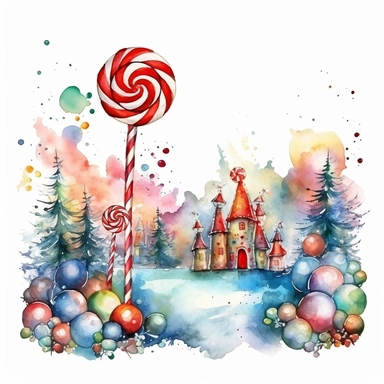 Christmas candyland clipart, watercolor effect, high definition, red green white gold blue, centered, white background, image only