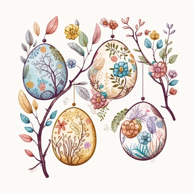 funny drawn sketch easter eggs with romanian traditional pattern hanging on a tree branch with flowers on white background, artistic painting, easter scene, add some spring leaves, add some flowers,add some birds, spring pastel colors, watercolor, clipart, 2d, sketch style, no text, no logo