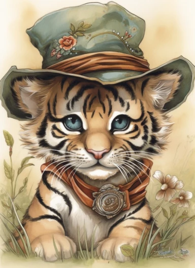 clipart,a cute little tiger in a field with a cowboy hat on its head and a bandana on its neck,in the style of jody bergsma, 32k uhd, hand-painted details, charming character illustrations, dark brown and light beige,red/green, aquarellist, hd , white background clipart