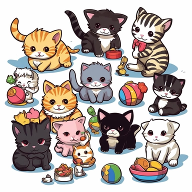 Endearing kitten clipart, displaying an array of adorable kittens in playful and curious poses, accompanied by various cat toys and accessories in the style of hiroshi nagai