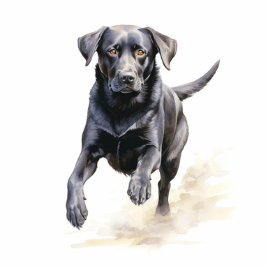 black labrador retriever running, watercolor illustration, clipart, full body, hyper-realistic animal illustration, childlike, free brushwork, white background