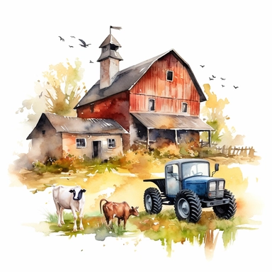 Make a clipart of a watercolor painting of a farm with barn animals and a tractor. no background