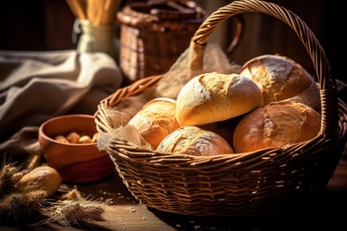 wicker basket with freshly baked bread rolls, some flour scattered nearby, background: rustic kitchen, photo clipart, super detail, vignetting, shot with Nikon D3000,