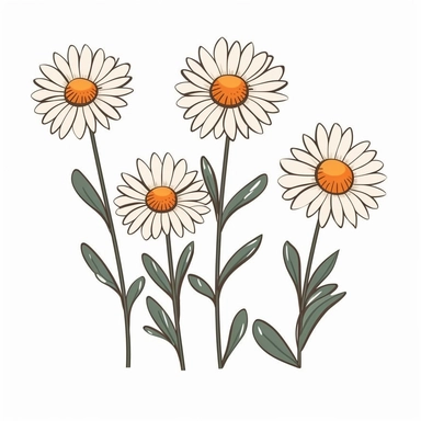 Clipart of cartoon daisies in a minimalist style, on a white background,