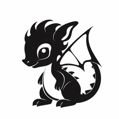cute baby dragon, clipart silhouette, simple decal, few vector lines, black and white, white background,