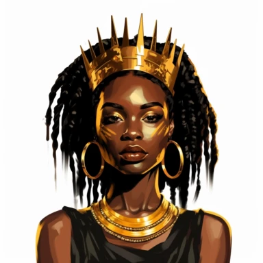 black dark-skin women with short dreadlocks wearing a golden crown staring straight forward with big shiny lips, clip art