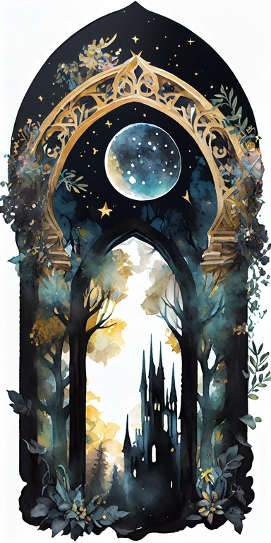 watercolor sticker clipart of a gothic portal in a forest, majestic and mysterious, dark blue, black, turquoise and golden colors, with flowers, star and moon, on white background