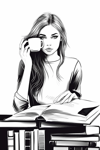 black and white Line Art beautiful young modern Woman drinking coffee at her desk with Lot of books, isolated handpainted minimalist Logo style, thin outline Line Art cartoon Clipart Style, White Background