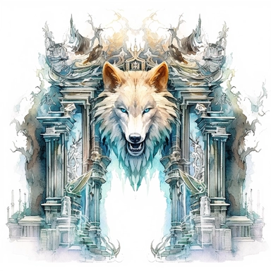 watercolor clipart 'Gates of Valhalla', 'The majestic gates of Valhalla, richly adorned and guarded by wolves and eagles, opening to the endless sky', 'White background', 'Grand and mystical', 'Digital Illustration', 'The illustration is highly detailed, focusing on the architectural grandeur of the gates and the symbolic depiction of the wolves and eagles', '1:1 aspect ratio, high quality, high resolution' white background, simple, contour, stroke, no text, no watermark