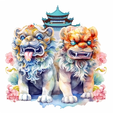 a fine art detailed water color painting of male and female chinese temple foo dogs facing each, on a white background as sticker, Clipart