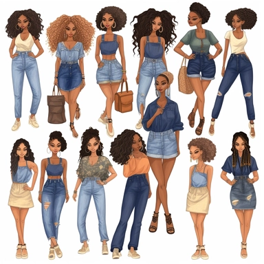Denim girl clipart, Denim clipart, Fashion girl clipart, wearing denim shorts, brown leather sandals, Jeans Girl Clipart, African American clipart, Afro girls clipart, Clipart, ultra realistic, hand drawn,wearing the white crop tops, all with beautiful bright smiles, Full body. Clothing line, retail fashion, 2023, fashionnova, African american, mid sized models. Highly detailed. very attractive, glamorous, make up beautiful, gorgeous, glowing make - up. full body and heels. multiple outfits. ind