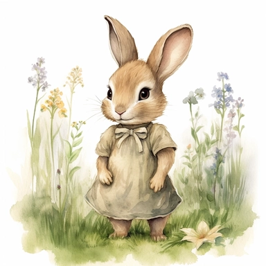 watercolour clipart illustration of cute shy modest baby bunny looking to the left wearing beautiful detailed cute big dress, standing in woodlands background on grass with flowers on white background, in the style of hyper-realistic animal illustrations, i can't believe how beautiful this is, childlike illustrations, close up, earthy tones