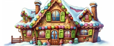 Realistic colorful gingerbread house, realistic, colorful, beautiful, vivid color, christmas, snow soil, hyperrealistic, white background, style by Lucy Fleming, watercolor, smooth gradients, black contour outline, ultra detailed, clipart elements, delicate pastel colors, solid white background, super clear, high quality