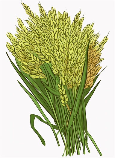 a bunch of green rice, surrounded by clipart leaf clipart, in the style of gene luen yang, realistic brushwork, light yellow and amber, simplified line work, françois boquet, realistic detail, stock photo