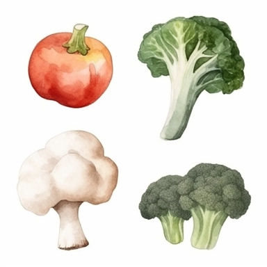 basic watercolor onion, cauliflower, bell pepper, mushroom and Brussel sprout in minimal hand drawn style, Etsy, textured, clipart, white background