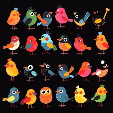 cute cartoon bird clipart, black background,--no cut off edges