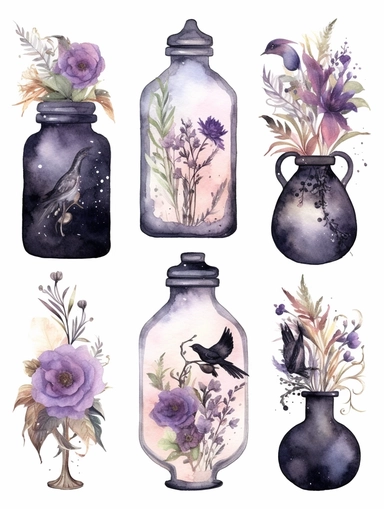 Create a series of hauntingly beautiful watercolor clipart illustrations inspired by dark fairytales. Craft ethereal scenes featuring delicate flowers entwined with thorns, mysterious characters cloaked in shadows, and magical elements like potions or spellbooks. Utilize the fluidity of watercolor to add depth and dimension to each artwork, making them perfect for embellishing invitations, packaging designs, or digital collages.