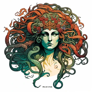 Medusa, art nouveau, bright colours, clipart, centred, white background