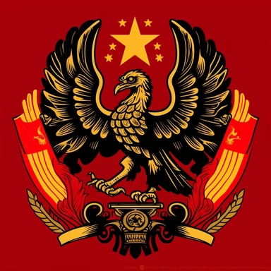 illustration of the mexican eagle, holding hammer and sickle, red, gold, communist, communist imagery, communist iconography, icon, emblem, coat of arms, laurel, wheat, cog, star, r/vexillology, vexillology, clipart, simple, art, 2d, flat
