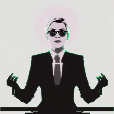 absolutely white background. an incredibly simplistic black silhouette of the code concierge sitting at a black desk, hands outstretched, black silhouette, white background, minimalistic, simple, clip art, simple clip art cartoon replace white in face with black. negative space, hyper minimalistic, clean, symmetrical, trending on artstation, business logo,, simple clipart desk, black desk covered in front, minimalistic simple face, green and pink hair minimalistic hair, negative