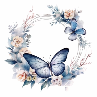 frosty white butterfly clipart with flower border, white background, watercolor, vector