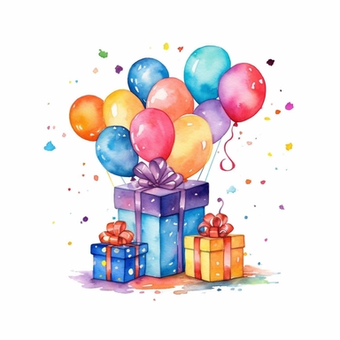 Birthday illustration clip art, holiday graphics collection, party background, watercolor colorful balloons and confetti illustration, carnival greeting graphics, gift box isolated, candies watercolor