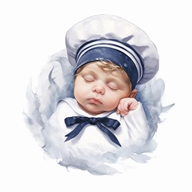 realistic watercolor cute newborn baby in sailor suit, isolated white background, babyshower clipart, 8k, soft blue tones