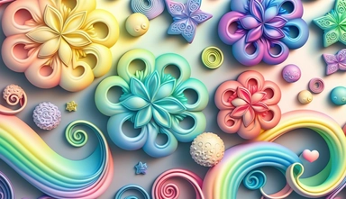 pastel rainbow loops, hooks, hearts, stars, rainbows, swirls, seamless pattern of whimsical magical flower, clipart, cartoon, blossoms, Big Flowers, decorative buttons, watercolr, Kawaii, hyper realistic, intricate details,