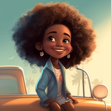 pixar illustration of Sag Harbor town , An illustration of five year old light skin happy black girl with curly afro, in backseat of a car in Sag harbor Sunset Beach, east hampton , summer vaction, beach town , summer days , muted tones , shy warm heart , pixar , hyper detailed , smooth skin realistic animated — Happy Black Girl Smiling in cars backseat art,black girlsclipart, Funny black girl , Cheerful african american girl child png, clipart, afro ,Full body with legs , Cottage core , preppy 