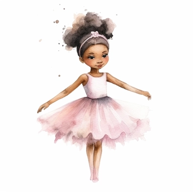 watercolor cute ballerina dancing, dark skin, clipart, white background, pixar style