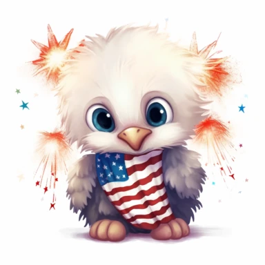 illustration of cute baby american bald eagle, wearing red white and blue american flag colors, fireworks in background, 4th of july, clipart svg, white background