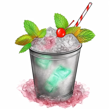 beautiful watercolor clipart of a mint julep cocktail in a beautiful grey opaque steel cup, very refreshing vibes, little drops of water running down the cupmuch ice, mint branches toppings, red, orange, pink straw, intricate, highly detailed, white background
