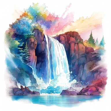 holographic waterfall scene with a spring theme, featuring the waterfall flowing with natural lighting. watercolor clipart. The colors should be ethereal and artsy, and the composition should be the best view possible. Please ensure that the watercolor art style does not cause confusion with the actual water in the scene, as the water is holographic.