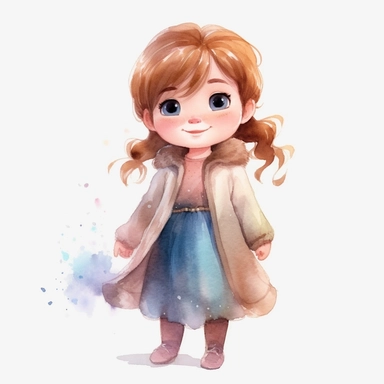 Toddler princess anna cartoon watercolor, round face delicate her long hair sharp and detailed her outfit like the original princess, character should be well drawn with soft tones a very clear smile confident and a head lightly painted in watercolor the character is a one year old baby should be on a white background clipart