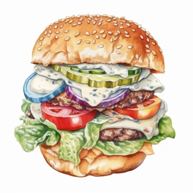 Blue Cheese Burger Ground beef, salt and pepper, blue cheese, lettuce, tomato, onion, mayonnaise, brioche bun ,clipart water color, white background, 8k