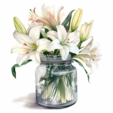 a bouquet of casablanca lilies in a glass jar, detailed realistic watercolor illustration, white background clipart