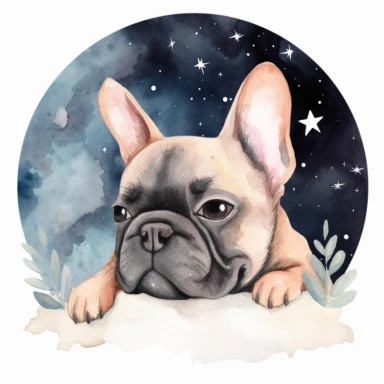 celestial watercolour French Bulldog clipart, on white background, stars, nebula, moon, galaxy, soft colours