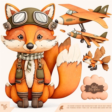 Wood Animals, Pilot Clipart, Aviator Clipart, cute sweet Fox Illustrations
