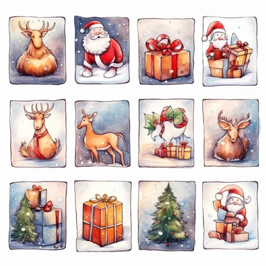 Watercolor line art, little squares filled with doodly patterns of santa sleigh, illustrations clipart set, simple, christmas colors , cartoon elements, different variants , modern art, separate elements with a margin