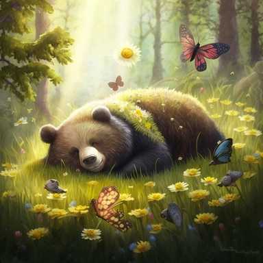 clip art style, A whimsical, bright, sun lit, magical meadow, with glowing dandilions, bumble bees, and a bear resting on a bed of moss, art inspired by Thomas Kincade